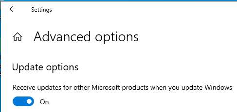 Windows Update | Advanced options | Update options | Turn on "Receive updates for other Microsoft products when you update Windows"